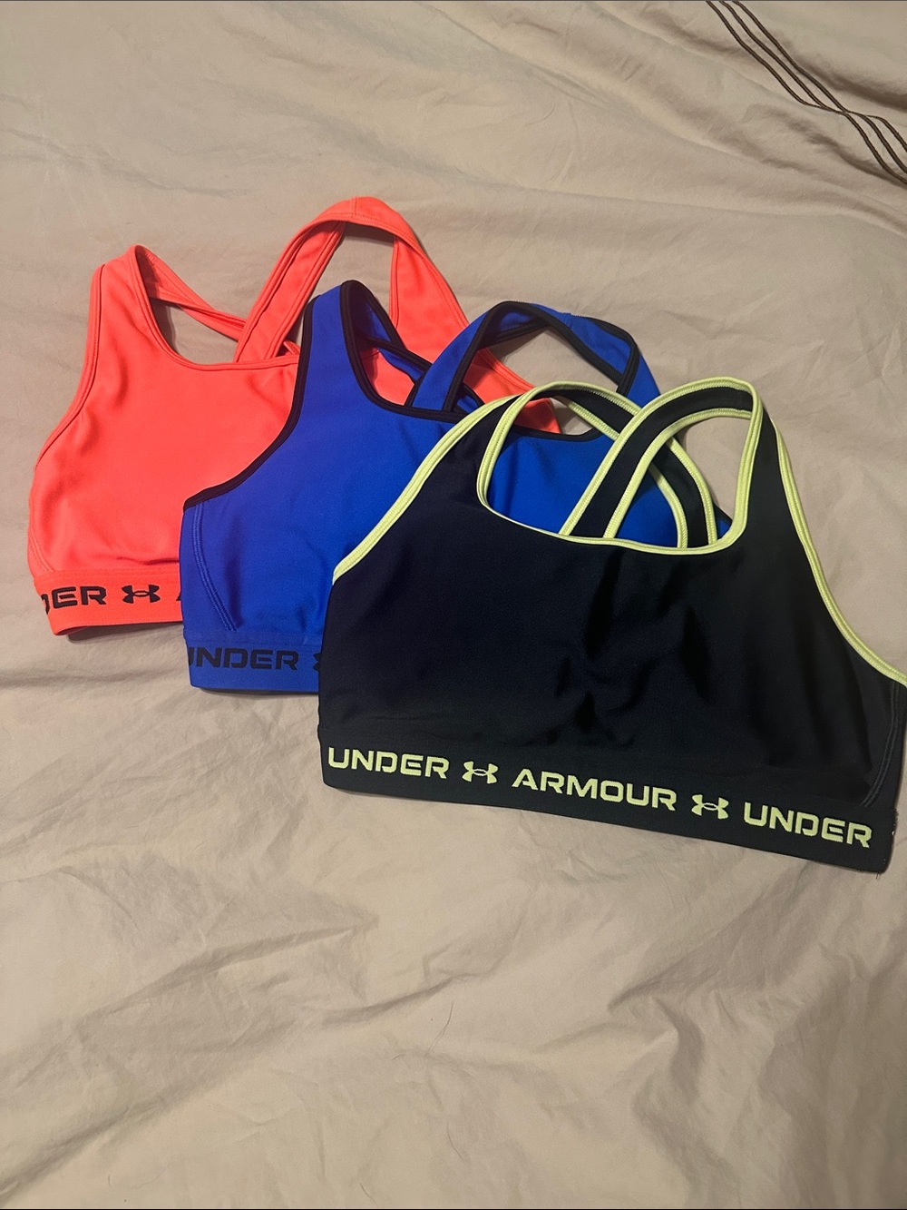 Under Armour Women's Sports Bra Set - Coral, Royal Blue, Black with Neon Trim